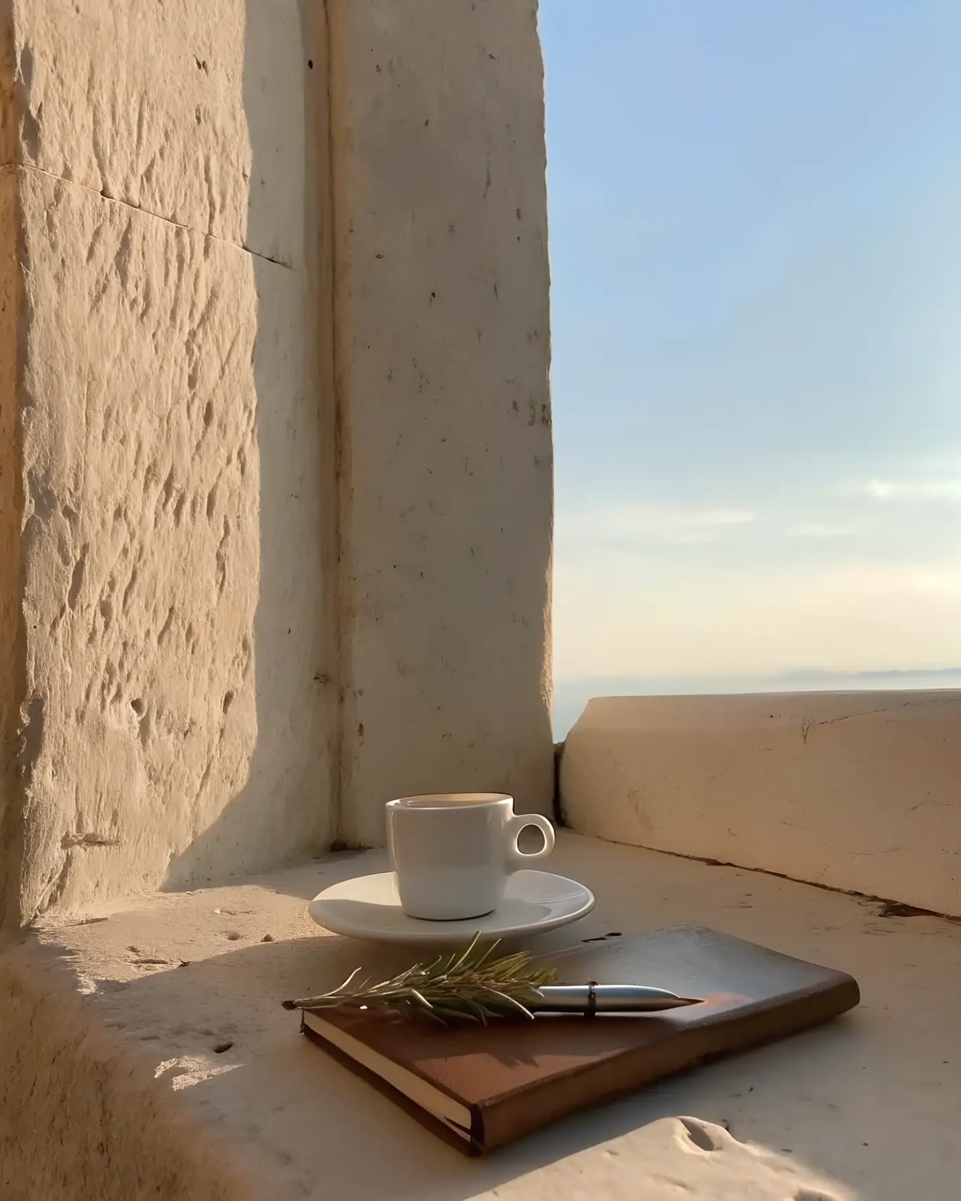 An espresso and notebook on a sunlit stone ledge by the sea